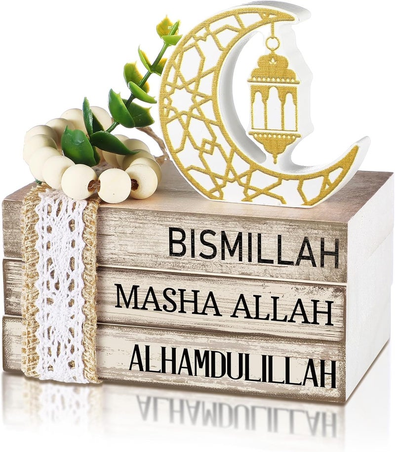 Anglechic Ramadan Decorations for Home Eid Mubarak Decorations Wood Ramadan Table Sign Golden Moon Eid Tiered Tray Sign for Islamic Muslim Table Indoor Shelf Office Gifts - Image 1